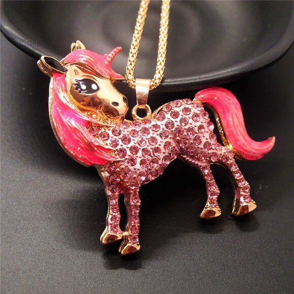 Betsey Johnson pink or white rhinestone unicorn pendant with chain NEW - Picture 2 of 5